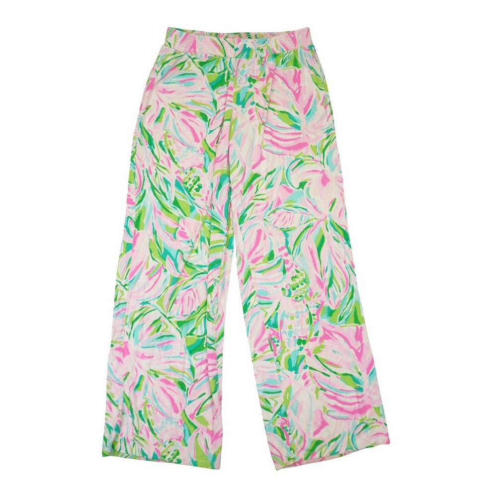 Lilly Pulitzer Palazzo Pants Women L Pink Green Tropical Floral Wide Leg Smocked